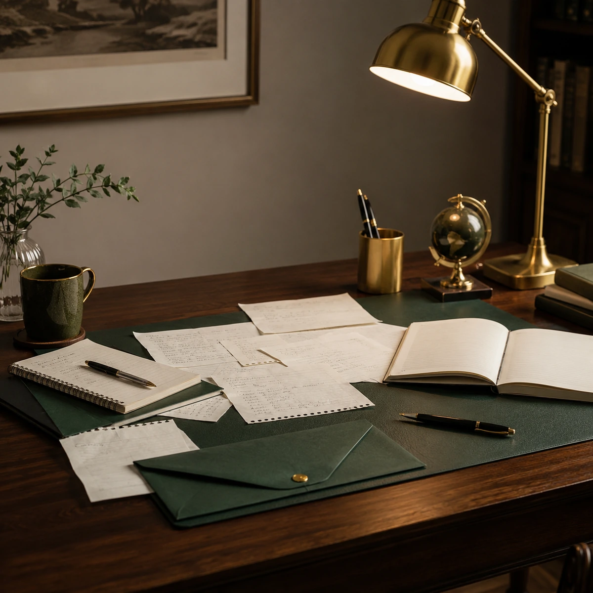 Scattered study notes on a desk